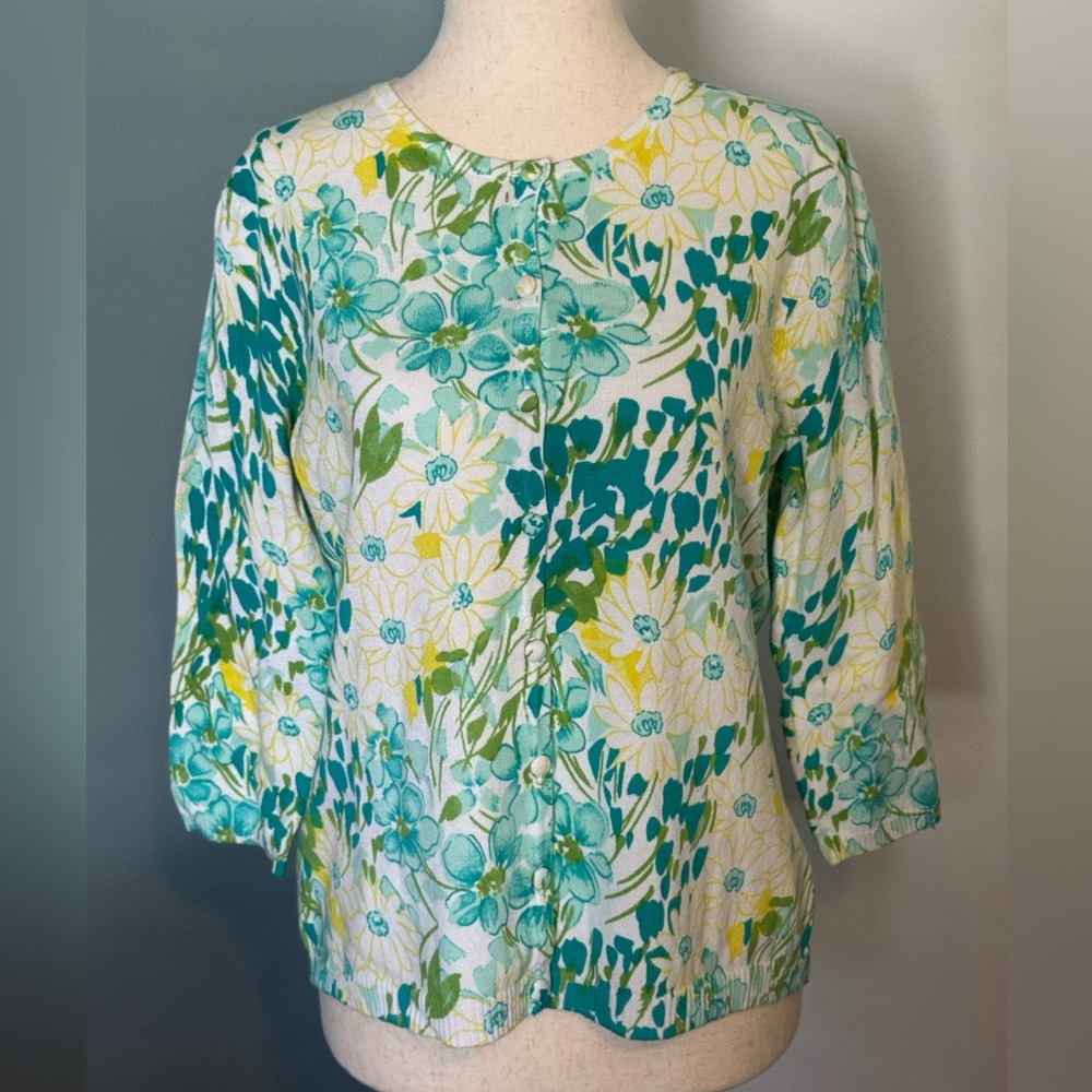 Notations Floral Button-Up Cardigan - Teal and Yellow
